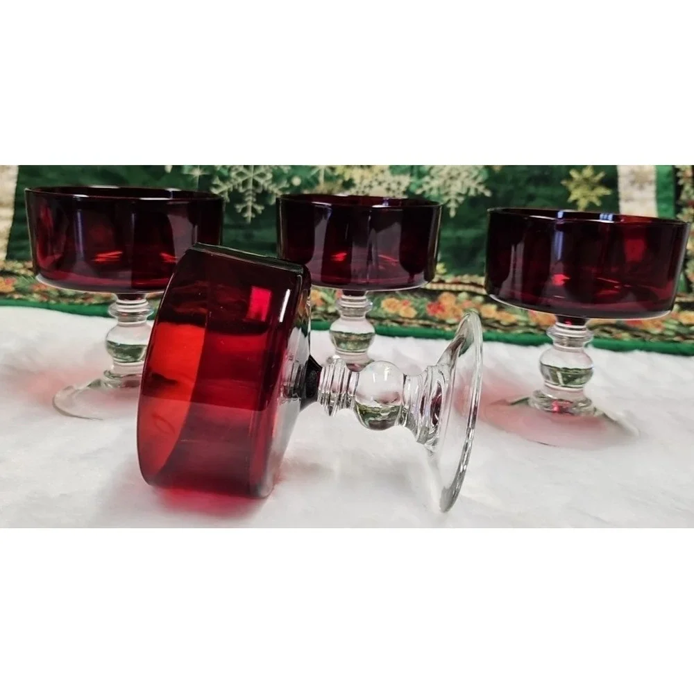 Vintage‎ Red Ruby Champagne Clear Ball Stem Glass Pair 